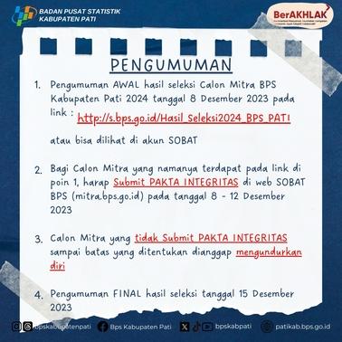 Pengumuman Awal Hasil Seleksi Calon Mitra BPS Kabupaten Pati 2024