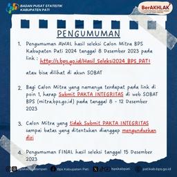 Pengumuman Awal Hasil Seleksi Calon Mitra BPS Kabupaten Pati 2024